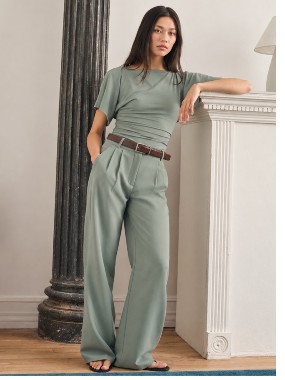 Abercrombie & Fitch Curve Sloane High Rise Pleated Wide Trouser Pant Green 25